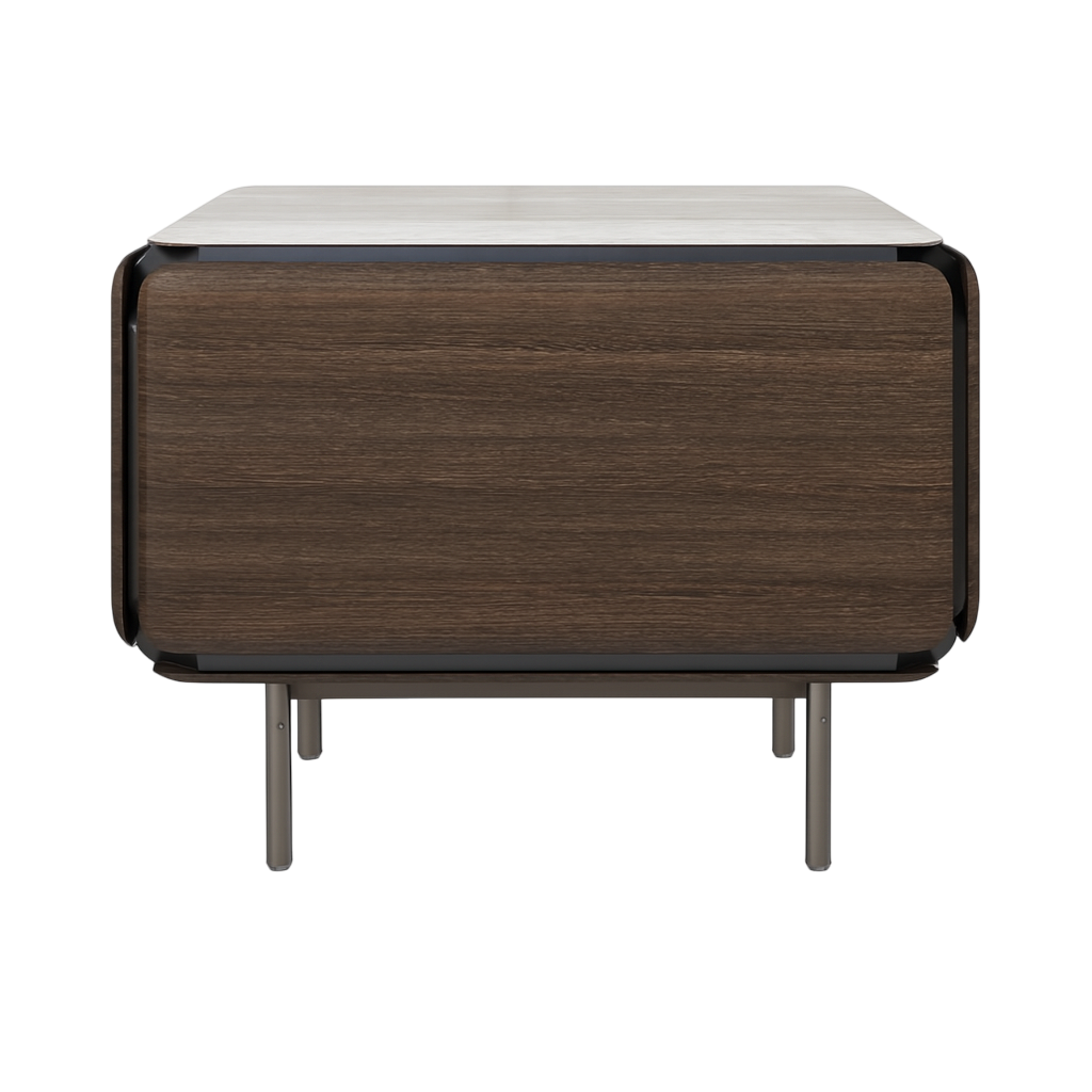 Wooden side table with white top on a white background